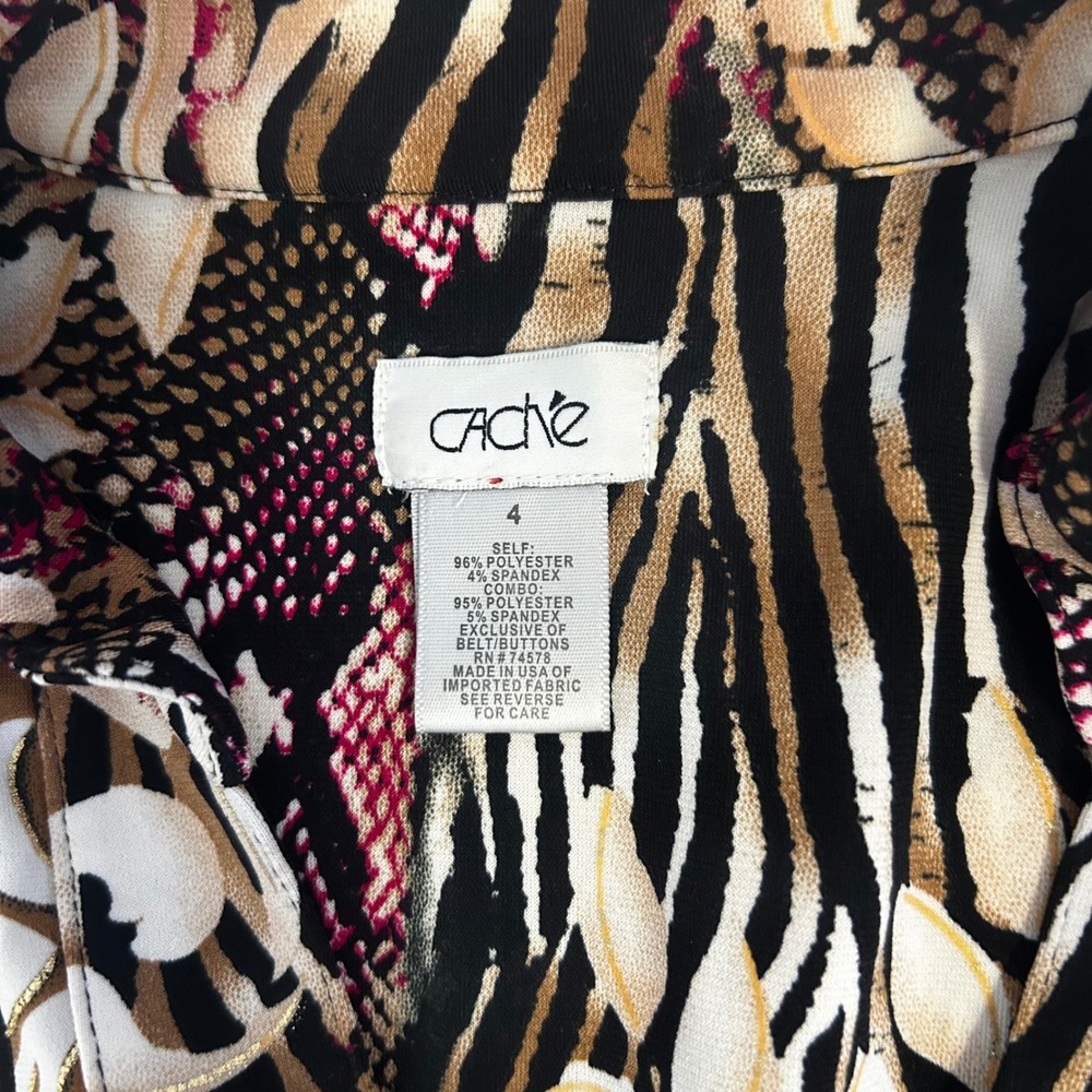 CACHE Vintage Y2K Shirt Dress Womens 4 Animal Print Zebra Snakeskin Belted Mini - Picture 4 of 7
